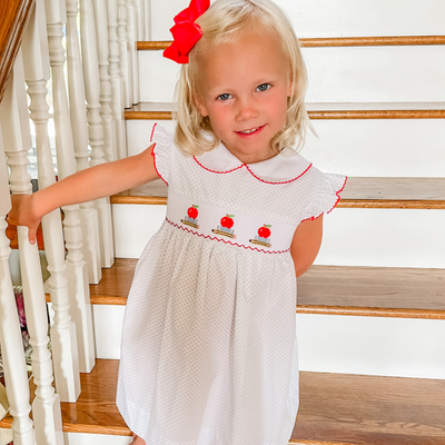 Smocked Apples & Books Collared Dress - White & Light Blue Tiny Dot