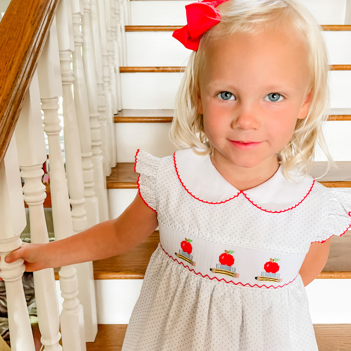 Smocked Apples & Books Collared Dress - White & Light Blue Tiny Dot