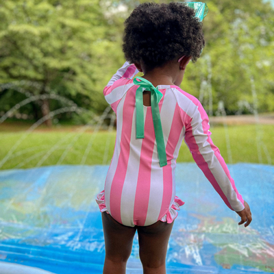 Preppy Pink Stripes One-Piece Rash Guard