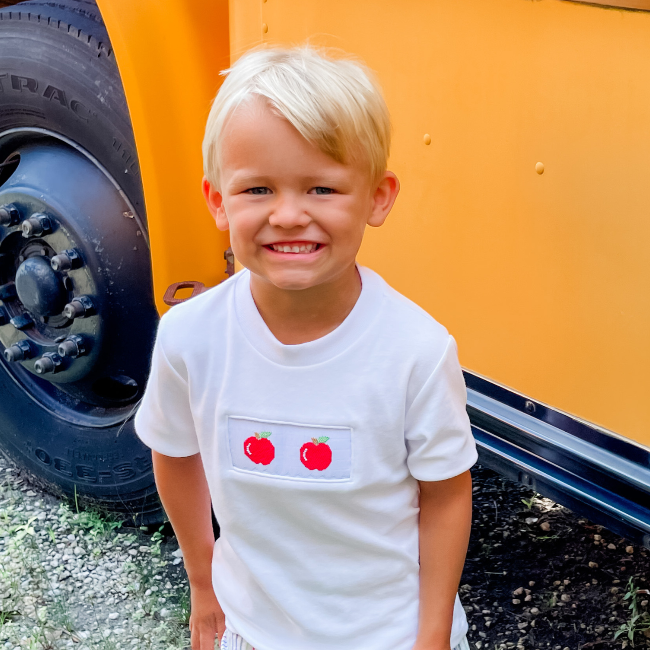 Smocked Apples Short Sleeve White Knit Shirt