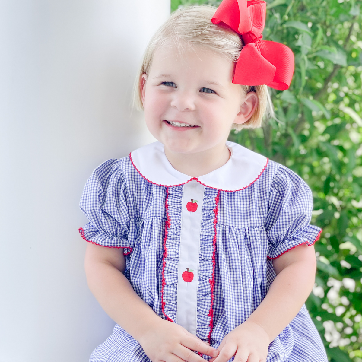 Embroidered Apples Dress - Royal Blue Gingham