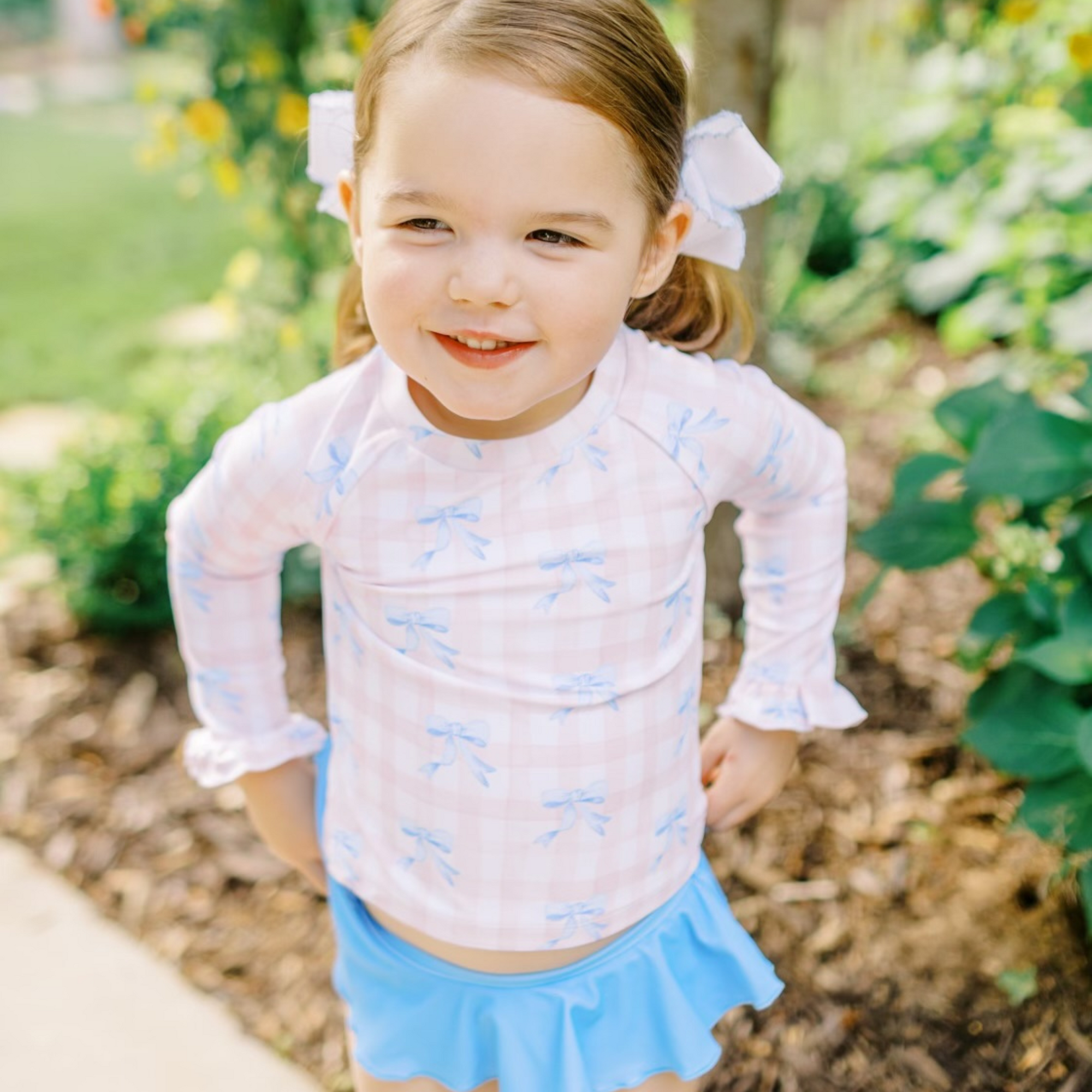 Blue Bows & Pink Check Two-Piece Long Sleeve Rash Guard