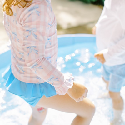 Blue Bows & Pink Check Two-Piece Long Sleeve Rash Guard