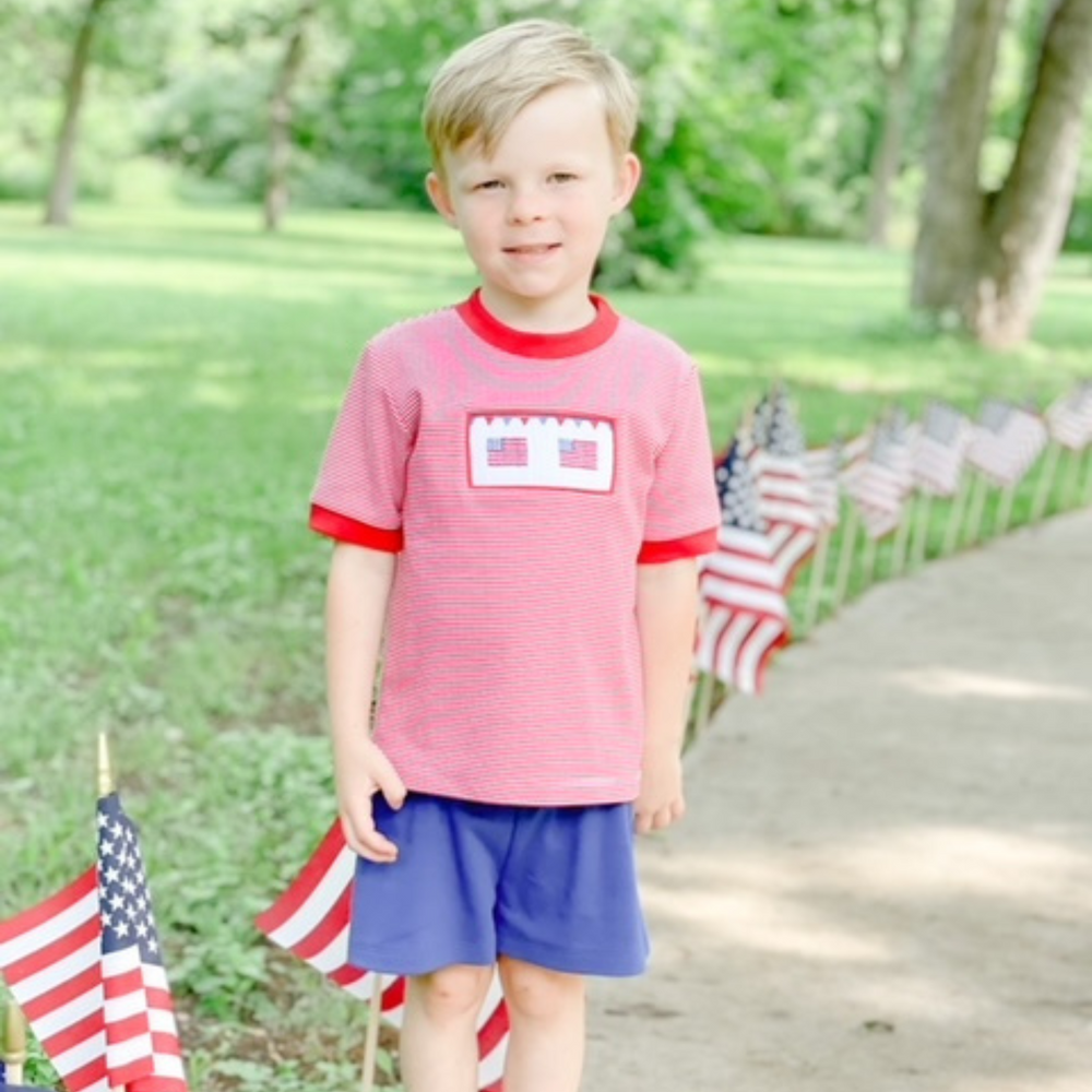 Southern Saturday Smocked Boy Short Set, Maroon/White