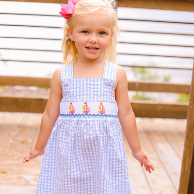 Smocked Sail Away Dress - Light Blue Check Seersucker