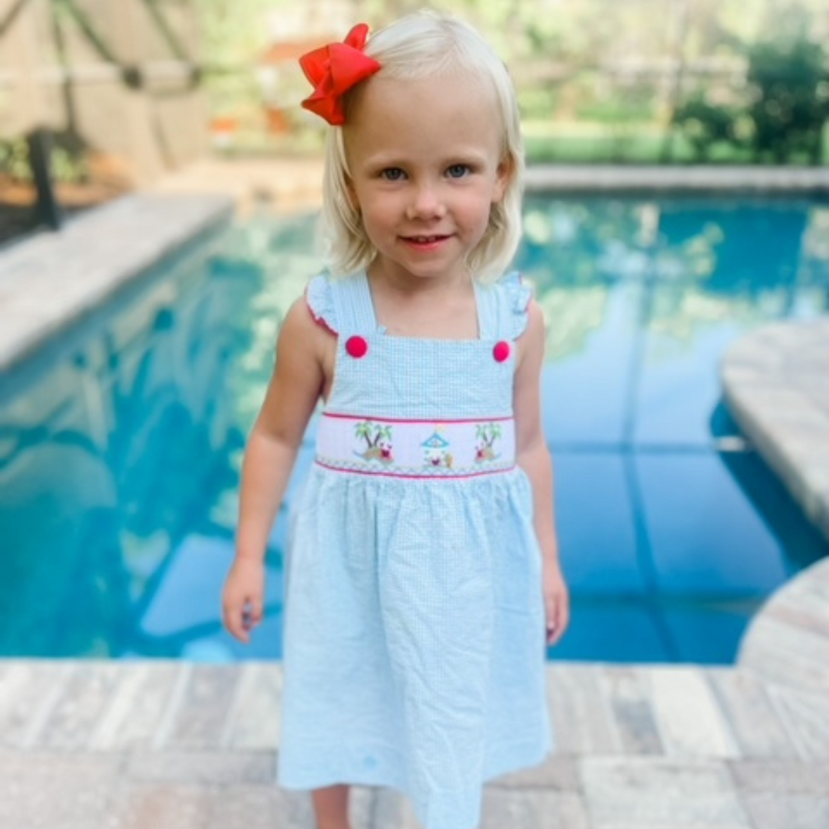 Smocked Crab Island Angel Wing Dress - Sky Check Seersucker