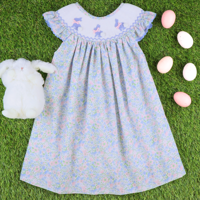 Smocked Blue Silhouette Bunnies Bishop- Floral