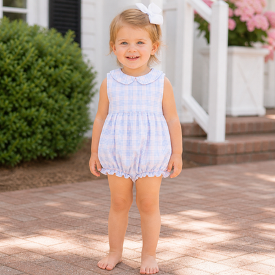 Sunday Brunch Girl Bubble - Blue & Pink Plaid Seersucker - Southern Smocked Co.