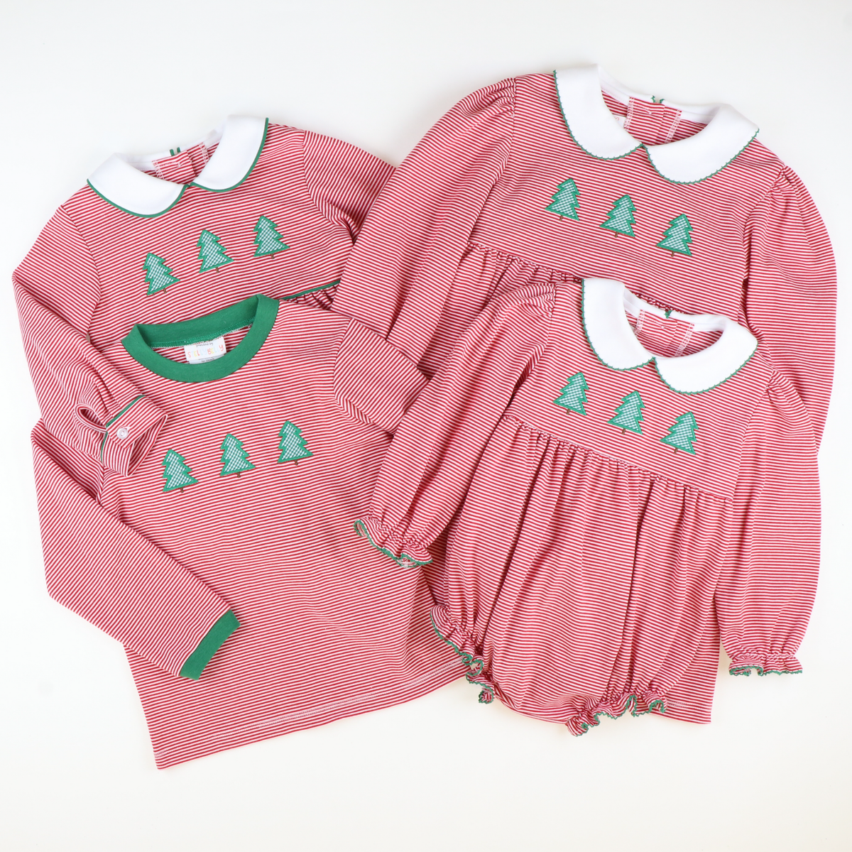 Appliquéd Christmas Trees Collared Dress - Red Stripe Knit