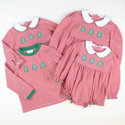 Appliquéd Christmas Trees Collared Dress - Red Stripe Knit