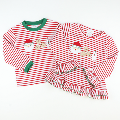 Appliquéd Christmas Eve Ruffle Top - Red Stripe Knit