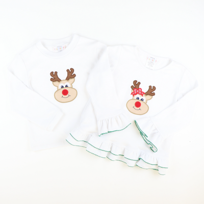 Appliquéd Reindeer Long Sleeve Shirt - White Knit