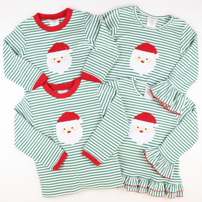 Appliquéd Santa Face Long Sleeve Shirt - Christmas Green Stripe Knit