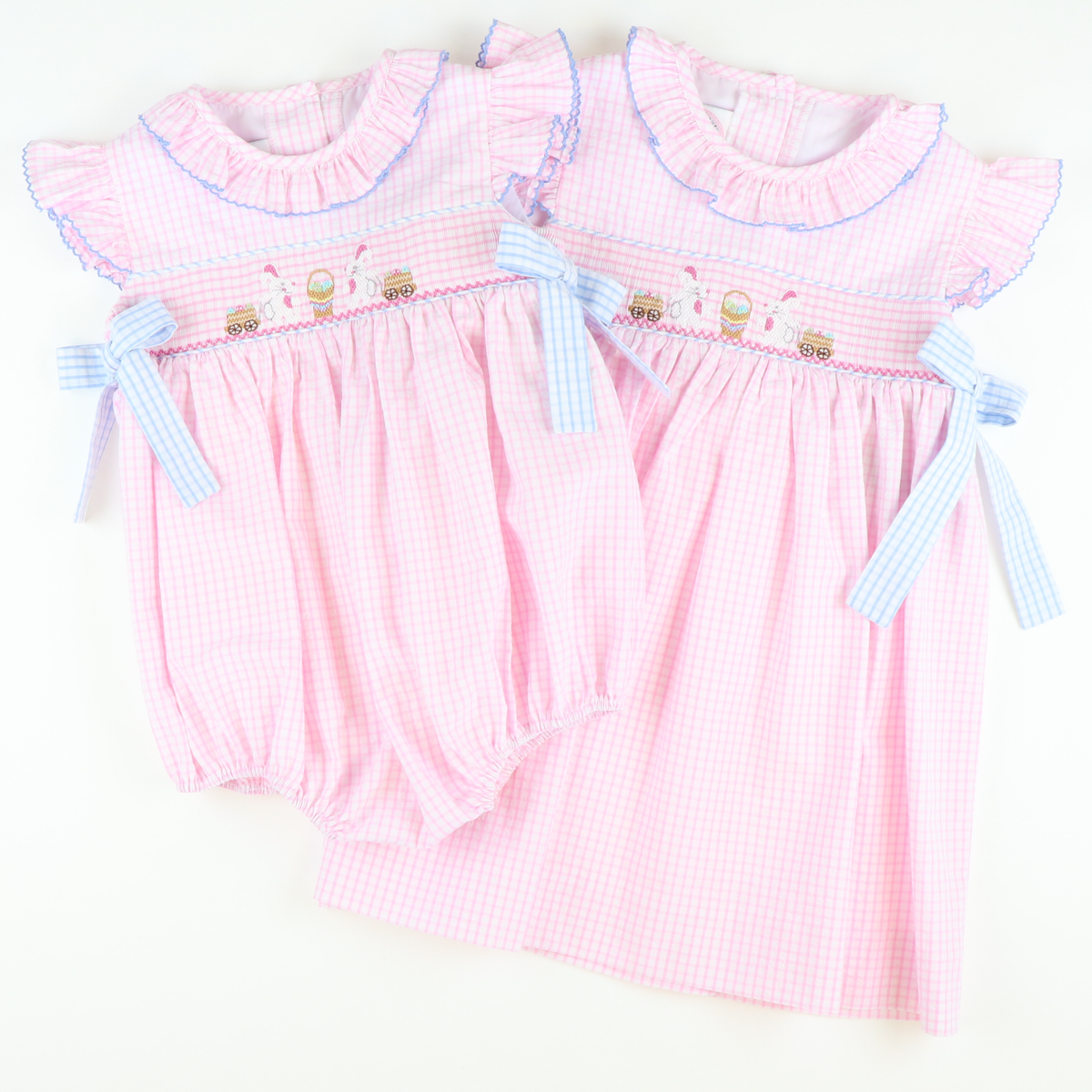 Smocked Bunnies & Baskets Dress - Light Pink Seersucker Windowpane