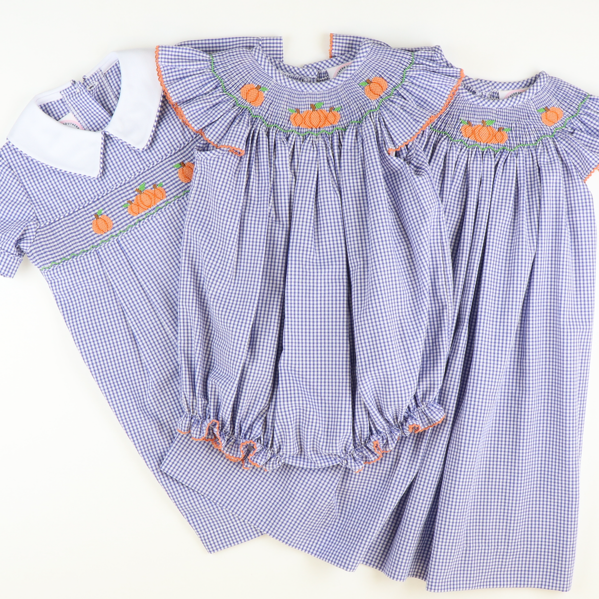 Smocked Autumn Pumpkins Bishop - Royal Blue Sandra Gingham Plaid