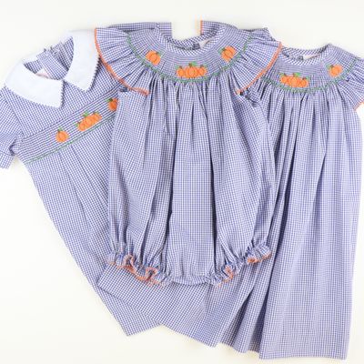 Smocked Autumn Pumpkins Bishop - Royal Blue Sandra Gingham Plaid