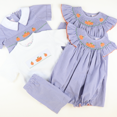 Smocked Autumn Pumpkins Bishop - Royal Blue Sandra Gingham Plaid
