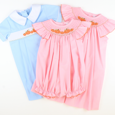 Smocked Pumpkin Patch Girl Bubble - Pink Tiny Dot