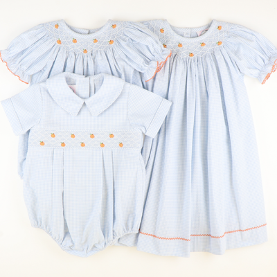 Smocked Tiny Pumpkins Collared Boy Bubble - Light Blue Mini Check Seersucker