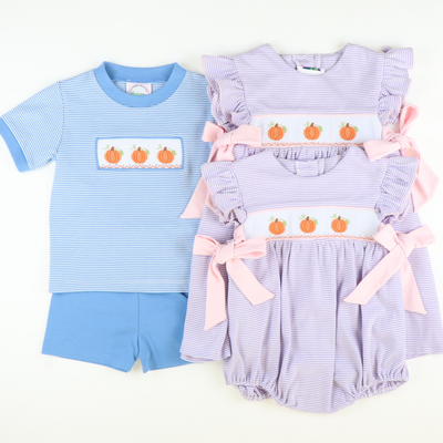 Smocked Pumpkins & Vines Knit Shirt & Shorts Set - Party Blue Micro Stripe & Party Blue Knit