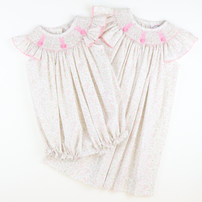 Smocked Cottontail Bunnies Girl Bubble - Pink Floral
