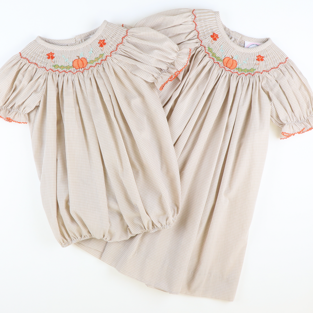 Smocked Harvest Pumpkin & Leaves Girl Bubble - Khaki Mini Gingham