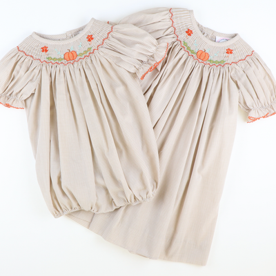 Smocked Harvest Pumpkin & Leaves Bishop - Khaki Mini Gingham
