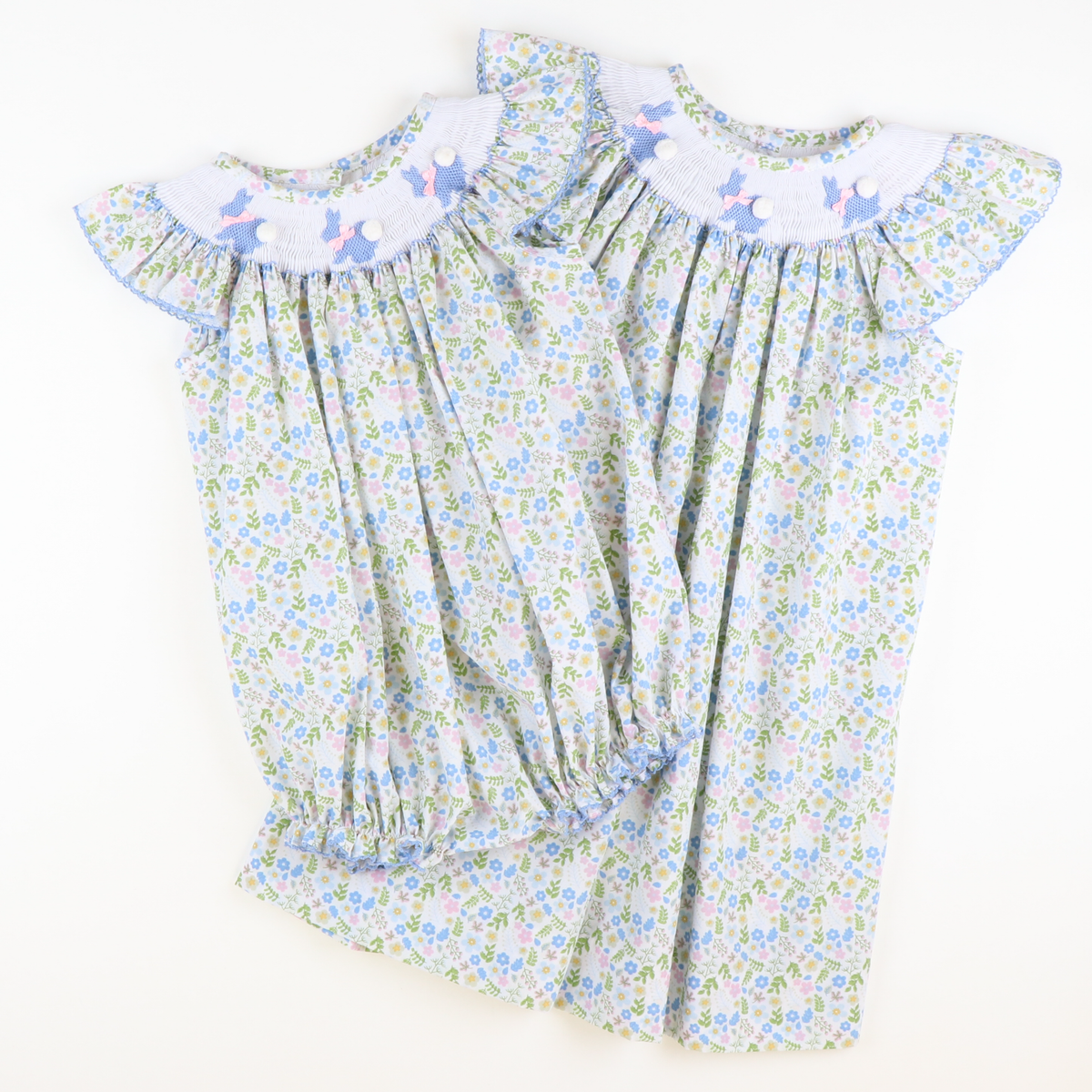 Smocked Silhouette Blue Rabbits Girl Bubble - Garden Floral