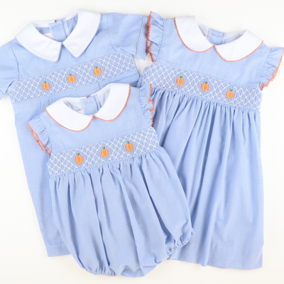 Smocked Geo Pumpkins Collared Girl Bubble - Blue Mini Gingham