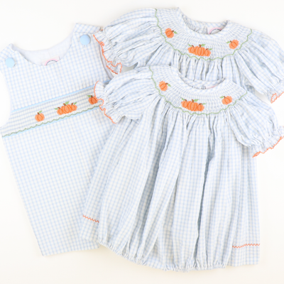 Smocked Autumn Pumpkins Shortall - Light Blue Check Seersucker