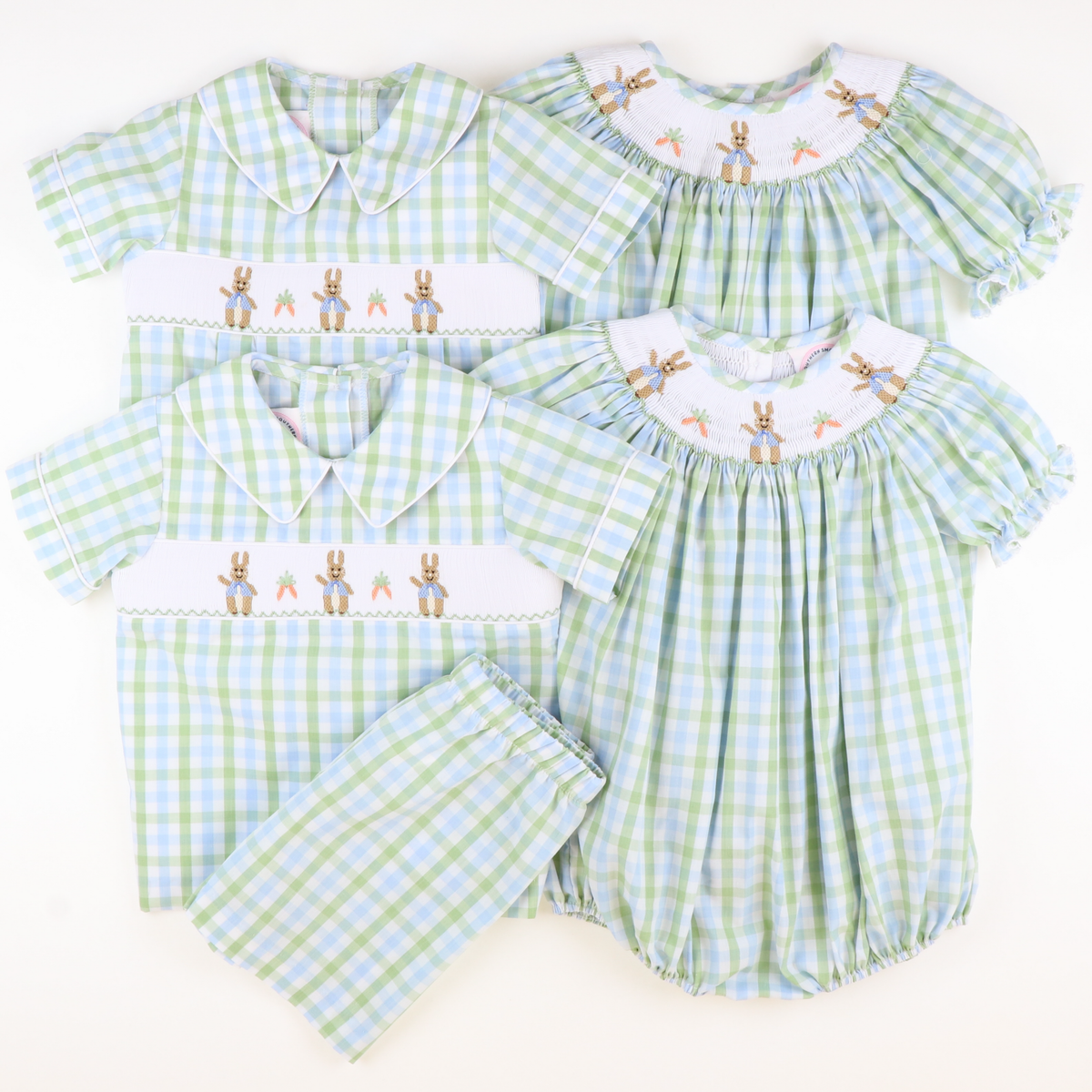 Smocked Classic Storybook Rabbits Collared Boy Bubble - Blue & Green Plaid