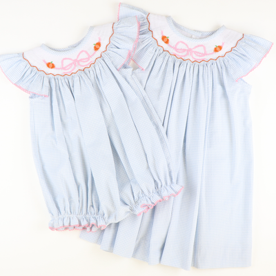 Smocked Pumpkins & Bow Girl Bubble - Light Blue Mini Check Seersucker