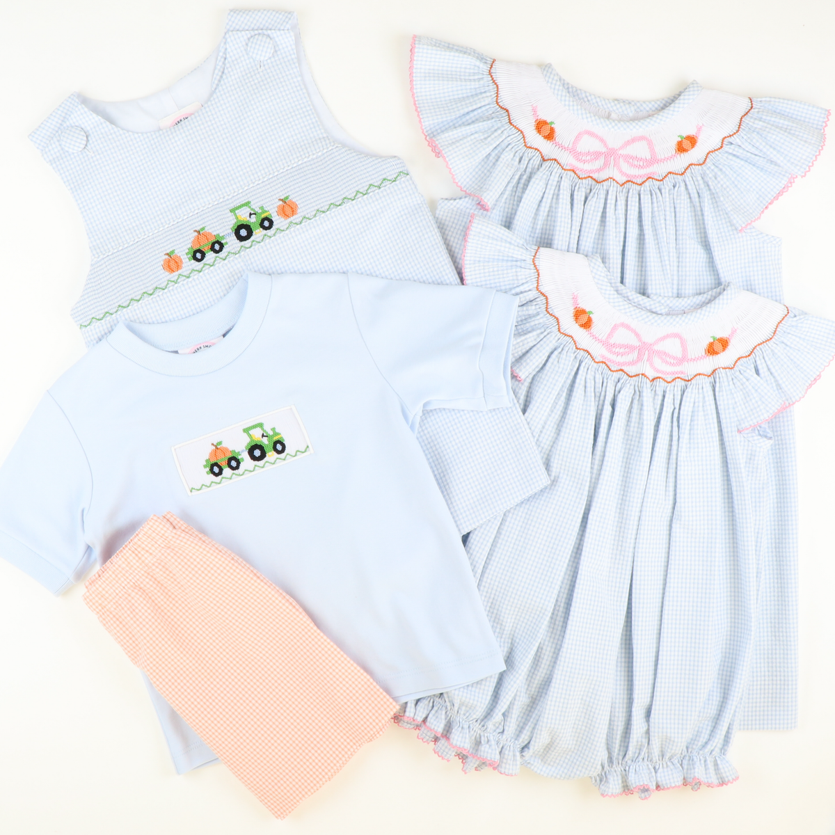 Smocked Pumpkins & Bow Girl Bubble - Light Blue Mini Check Seersucker