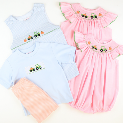 Smocked Pumpkin Tractor Shortall - Light Blue Mini Check Seersucker