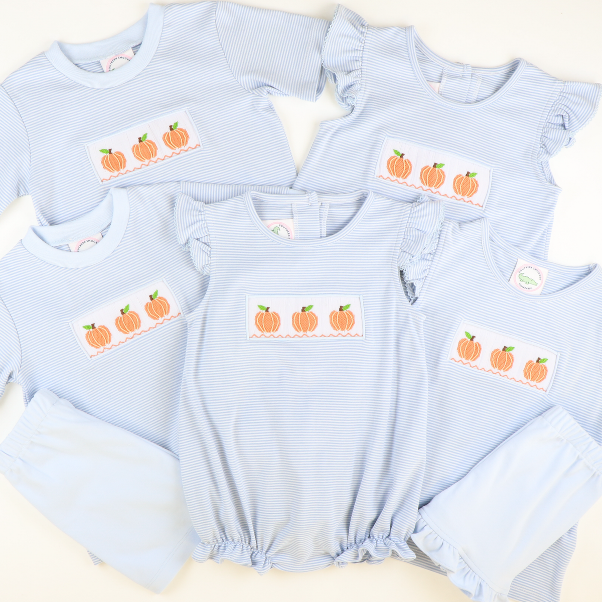 Smocked Classic Pumpkins Dress - Light Blue Micro Stripe Knit