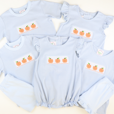 Smocked Classic Pumpkins Dress - Light Blue Micro Stripe Knit