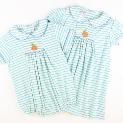 Smocked Pumpkin Collared Dress - Aqua Stripe Knit