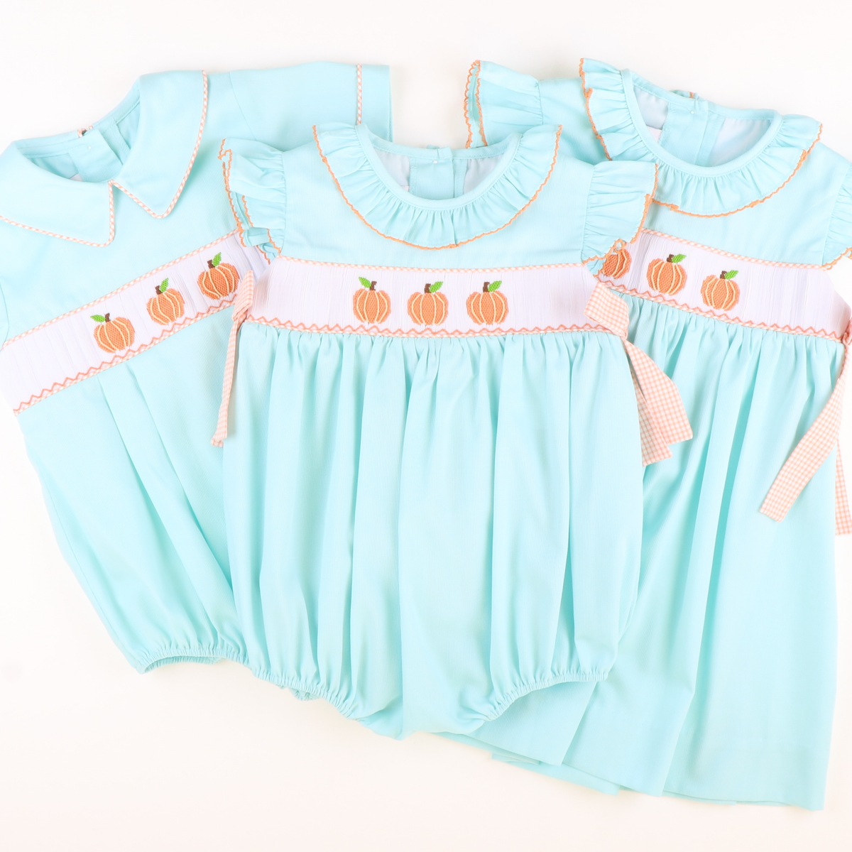 Smocked Classic Pumpkins Ruffle Neck Girl Bubble - Mint Pique