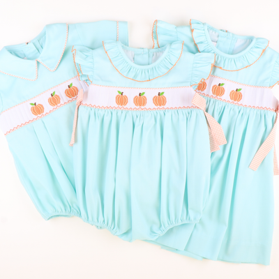 Smocked Classic Pumpkins Ruffle Neck Girl Bubble - Mint Pique