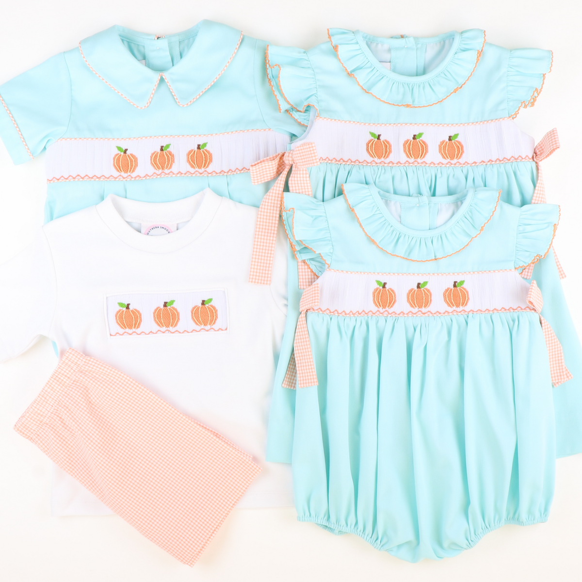 Smocked Classic Pumpkins Ruffle Neck Dress - Mint Pique