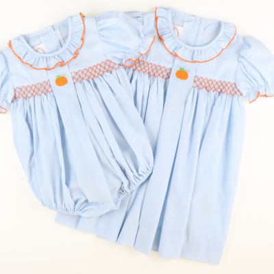 Embroidered Pumpkin Geo Dress - Light Blue Mini Gingham