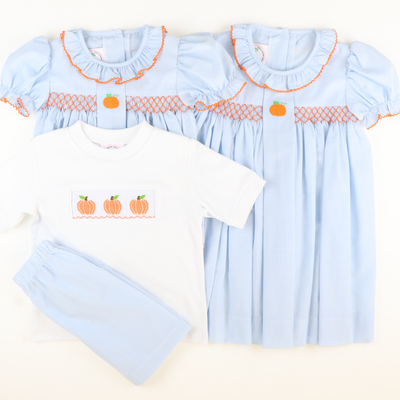 Embroidered Pumpkin Geo Dress - Light Blue Mini Gingham