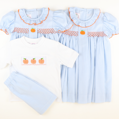 Smocked Classic Pumpkins Short Sleeve White Knit Shirt