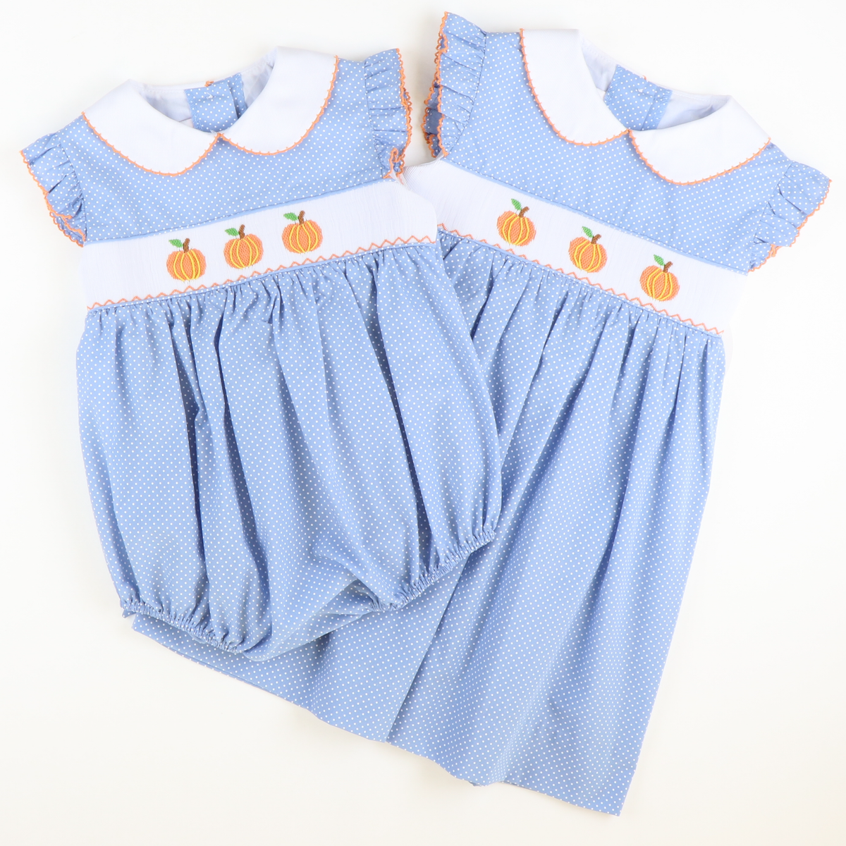 Smocked Pumpkins Collared Dress - Blue Tiny Dot