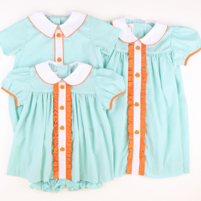 Embroidered Pumpkins Collared Dress - Mint Mini Gingham