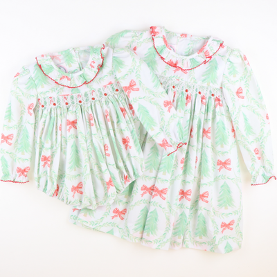 Smocked Rosette Ruffle Girl Bubble - Heirloom Christmas Trees