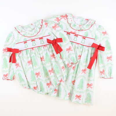 Embroidered Heirloom Christmas Trees Ruffle Girl Bubble
