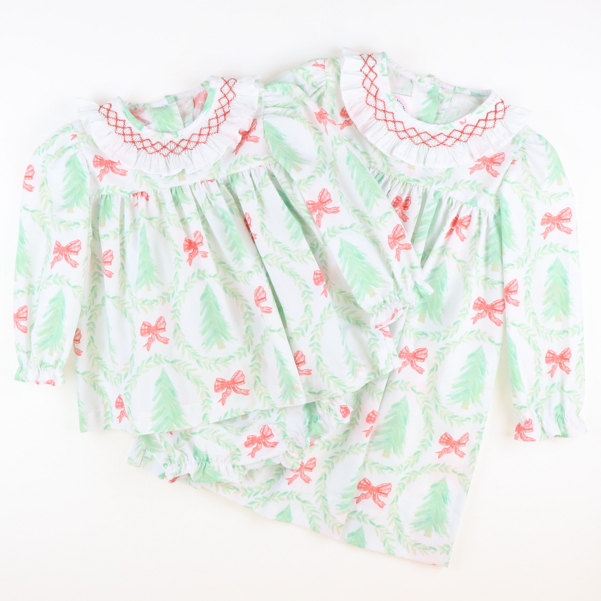 Smocked Heirloom Christmas Trees Ruffle Neck Top & Bloomer Set