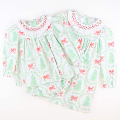 Smocked Heirloom Christmas Trees Ruffle Neck Top & Bloomer Set
