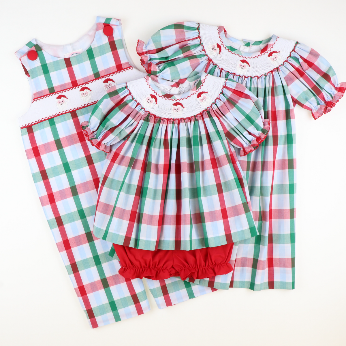 Smocked Santa Faces Bishop - Christmas Party Plaid